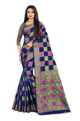 Navy Blue Woven Cotton Silk Saree With Blouse 1