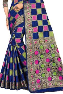 Navy Blue Woven Cotton Silk Saree With Blouse 2