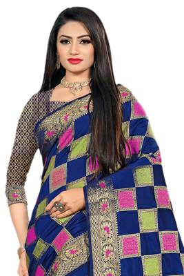Navy Blue Woven Cotton Silk Saree With Blouse 3