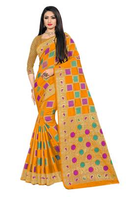 Yellow Woven Cotton Silk Saree With Blouse 1