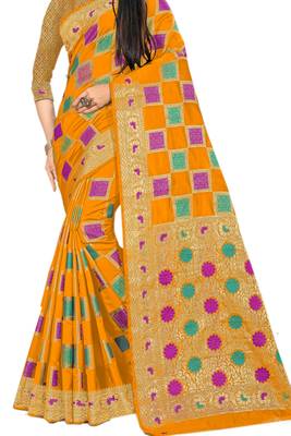 Yellow Woven Cotton Silk Saree With Blouse 2