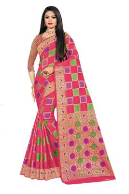Pink Woven Cotton Silk Saree With Blouse 1