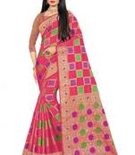 Pink Woven Cotton Silk Saree With Blouse