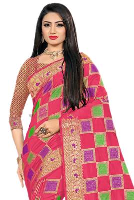 Pink Woven Cotton Silk Saree With Blouse 3
