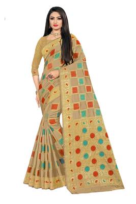 Beige Woven Cotton Silk Saree With Blouse 1