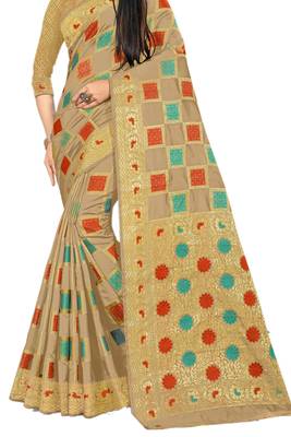 Beige Woven Cotton Silk Saree With Blouse 2