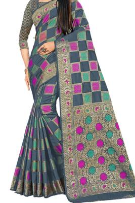 Grey Woven Cotton Silk Saree With Blouse 2