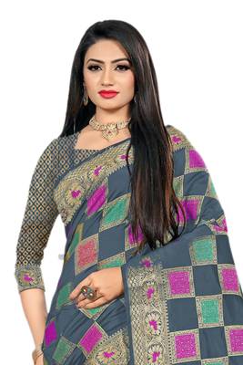 Grey Woven Cotton Silk Saree With Blouse 3