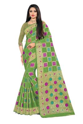 Green Woven Cotton Silk Saree With Blouse 1