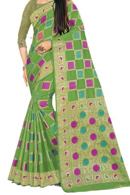 Green Woven Cotton Silk Saree With Blouse 2