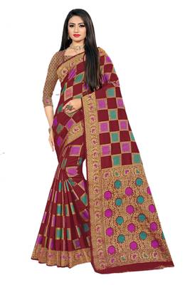 Maroon Woven Cotton Silk Saree With Blouse 1