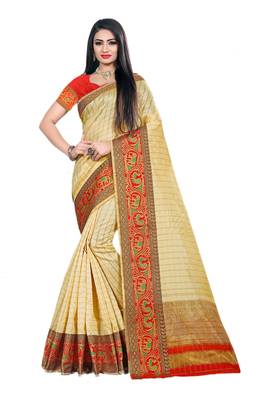Beige Woven Cotton Silk Saree With Blouse 1