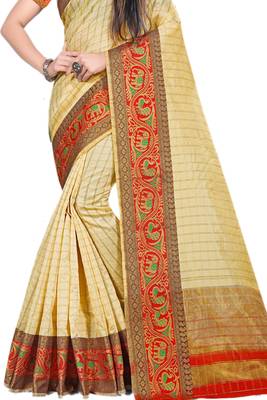 Beige Woven Cotton Silk Saree With Blouse 2