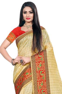 Beige Woven Cotton Silk Saree With Blouse 3