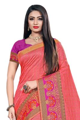 Pink Woven Cotton Silk Saree With Blouse 3