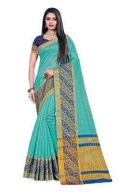 Sky Blue Woven Cotton Silk Saree With Blouse 1