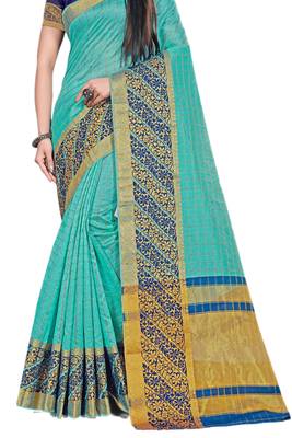 Sky Blue Woven Cotton Silk Saree With Blouse 2