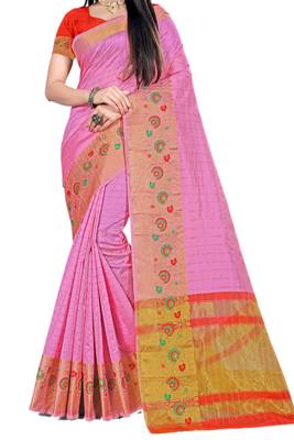 Pink Woven Cotton Silk Saree With Blouse 2
