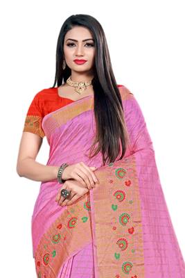 Pink Woven Cotton Silk Saree With Blouse 3