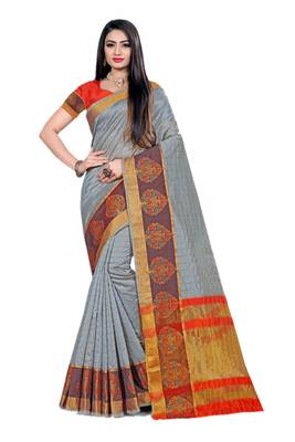 Grey Woven Cotton Silk Saree With Blouse 1