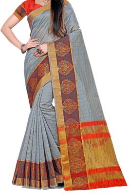 Grey Woven Cotton Silk Saree With Blouse 2