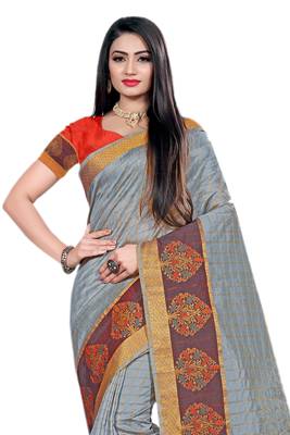 Grey Woven Cotton Silk Saree With Blouse 3
