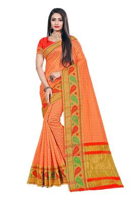 Peach Woven Cotton Silk Saree With Blouse 1