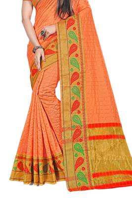 Peach Woven Cotton Silk Saree With Blouse 3