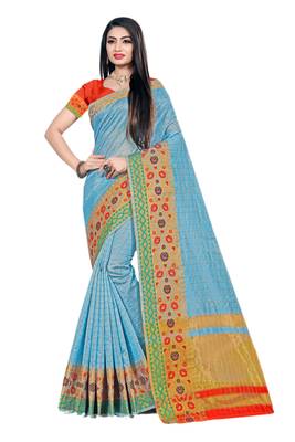 Sky Blue Woven Cotton Silk Saree With Blouse 1