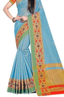 Sky Blue Woven Cotton Silk Saree With Blouse 2