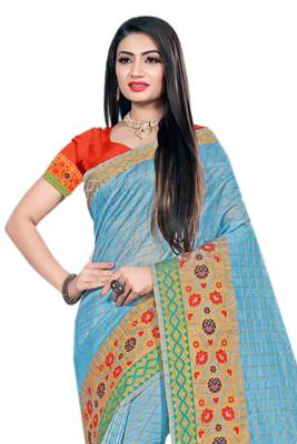 Sky Blue Woven Cotton Silk Saree With Blouse 3