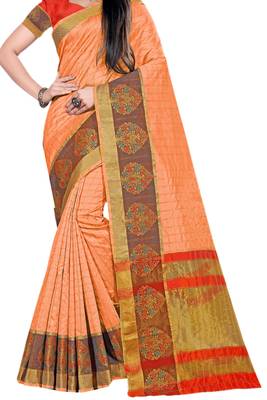 Peach Woven Cotton Silk Saree With Blouse 2