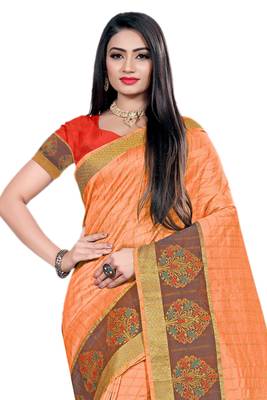 Peach Woven Cotton Silk Saree With Blouse 3
