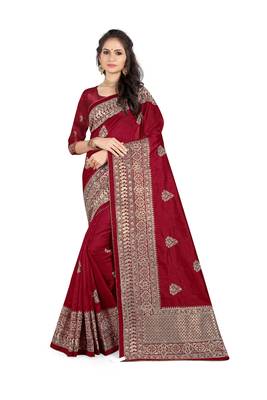 Maroon Embroidered Silk Saree With Blouse 1