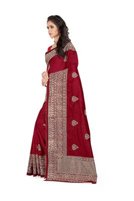 Maroon Embroidered Silk Saree With Blouse 2