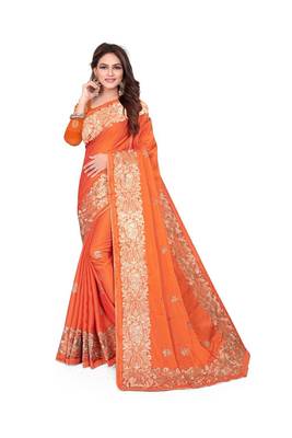 Orange Embroidered Silk Saree With Blouse 1