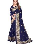Blue Embroidered Silk Saree With Blouse