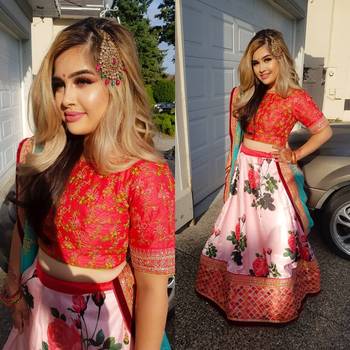 Pink Thread Embroidery Silk Semi Stitched Lehenga 1