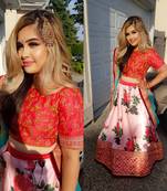 Pink Thread Embroidery Silk Semi Stitched Lehenga