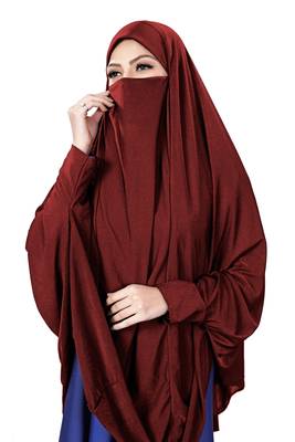 Maroon Color Stitched Jersey Cotton Islamic Chaderi Hijab With Veil And Sleeves 4