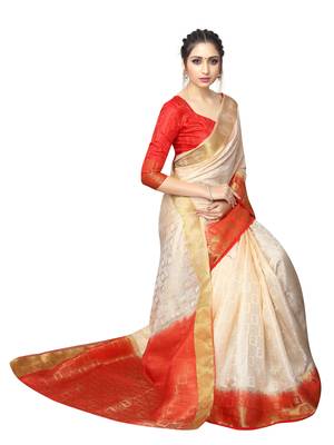 Cream printed nylon saree with blouse 3