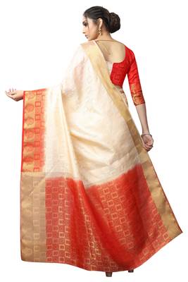Cream printed nylon saree with blouse 4