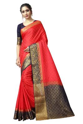 Red printed nylon saree with blouse 1