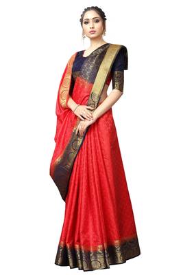 Red printed nylon saree with blouse 3