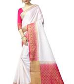 White printed nylon saree with blouse