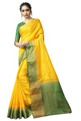 Yellow printed nylon saree with blouse 1