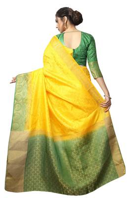 Yellow printed nylon saree with blouse 2