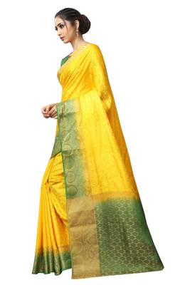 Yellow printed nylon saree with blouse 4