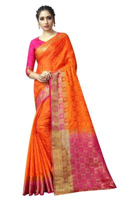 Orange printed nylon saree with blouse 1