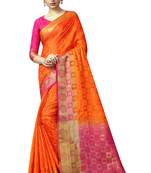 Orange printed nylon saree with blouse